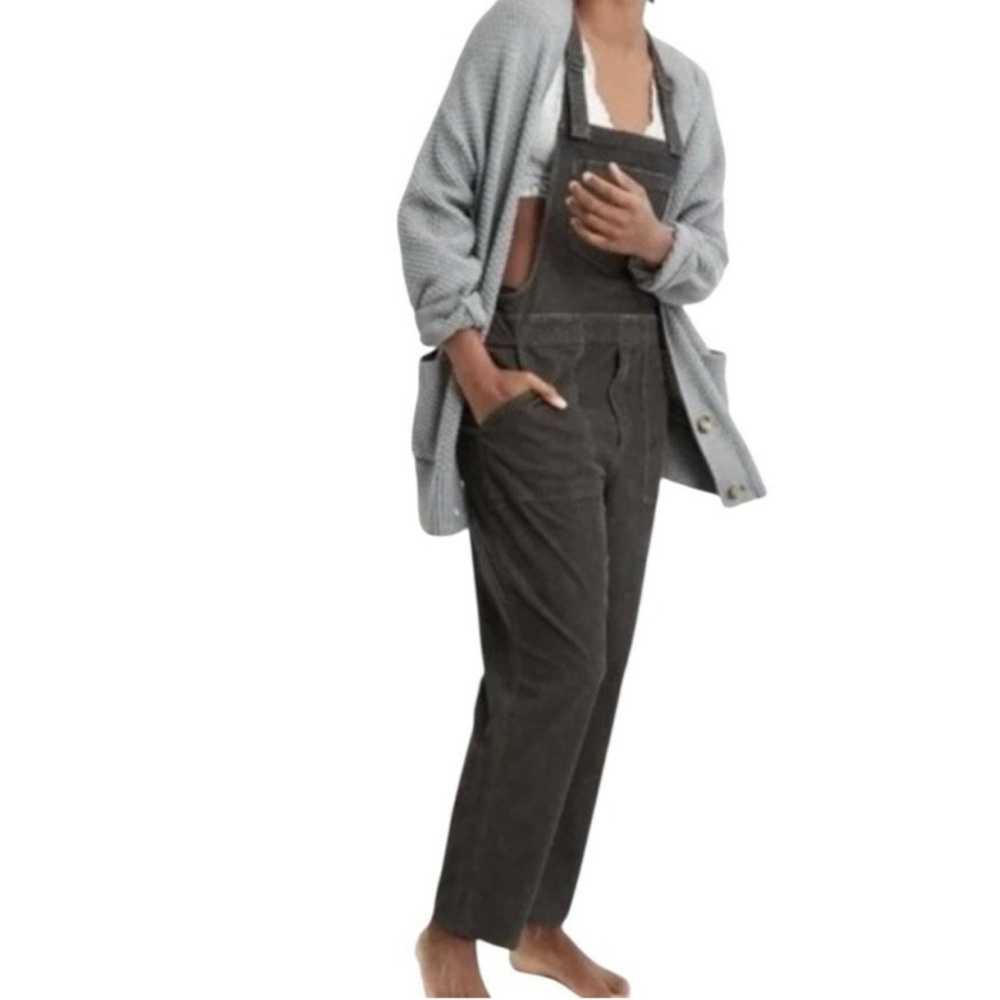 Aerie Overalls Women's Medium Corduroy Raw Hem Patch Pockets Dark Gray - Picture 3 of 10
